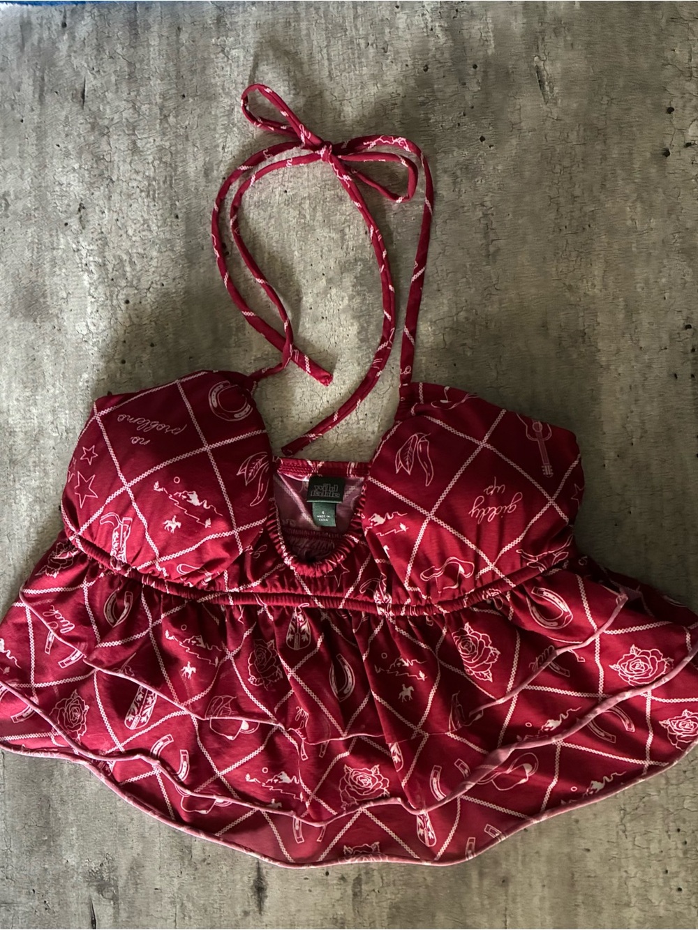 Red Patterned Halter Ruffle babydoll Top